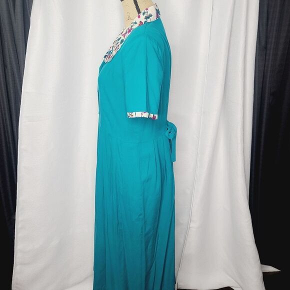 Vintage 60s 70s Teal Flower Print Bib Collar Grannycore Modest Dress - Picture 3 of 12